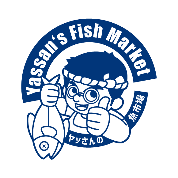 Logo of Yassan's Fish Market with a cartoon character holding a fish.