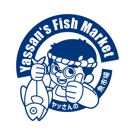 Logo of Yassan's Fish Market with a cartoon character holding a fish.
